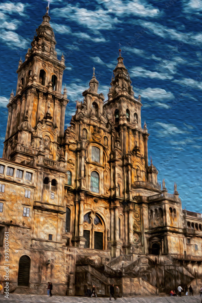 Astonishing facade of the Santiago de Compostela Cathedral, that represent the finish line of the Way of St. James, a famous pilgrimage route going trough northern Spain. Oil paint filter.