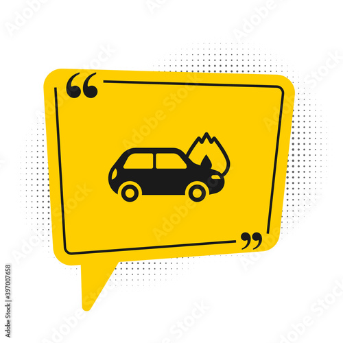 Black Burning car icon isolated on white background. Car on fire. Broken auto covered with fire and smoke. Yellow speech bubble symbol. Vector.