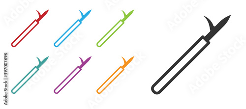 Black Metal pike pole with wooden handle icon isolated on white background. Spear, pickaxe, hook hand extinguishing instrument and tool for fireman. Set icons colorful. Vector.