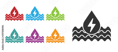 Black Water energy icon isolated on white background. Ecology concept with water droplet. Alternative energy concept. Set icons colorful. Vector.
