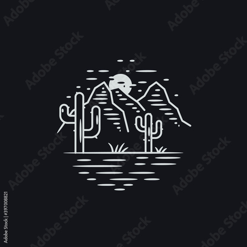 mono line art illustration vector of desert night scene with mountain moon and cactus.