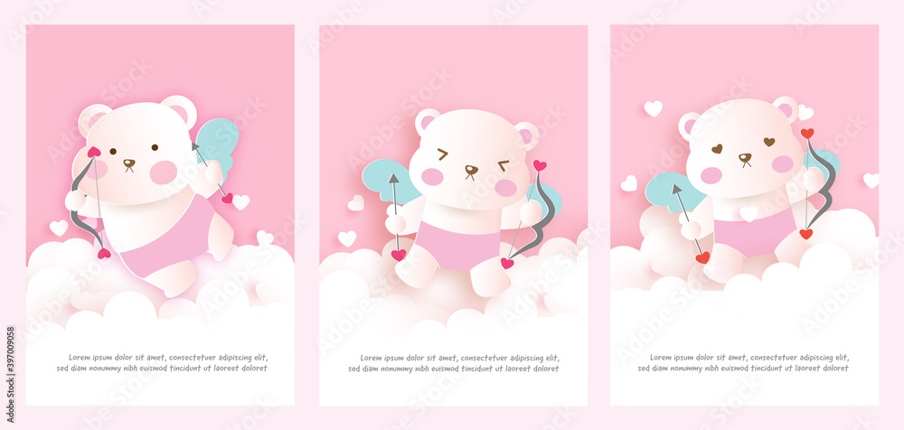 Set of valentine's day cards with cute teddy bear.