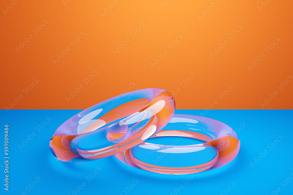 Fototapeta premium 3D illustration of transparent wedding rings on a blue background. Geometric shapes in the form of a ring in the symbol of infinity. Symbol of love and fidelity, union of lovers