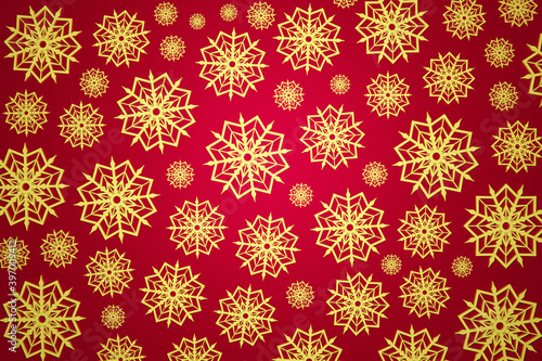3d illustration of many gold snowflakes of different sizes and shapes on a red background. Winter snowflake pattern