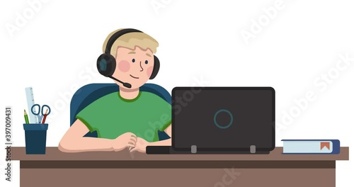 4K Looped animation, child with laptop and headphones taking online class, distance education. 2D Seamless motion animated footage, technology for kids. Boy using computer at home, school homework