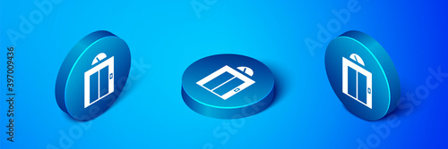 Isometric Lift icon isolated on blue background. Elevator symbol. Blue circle button. Vector.