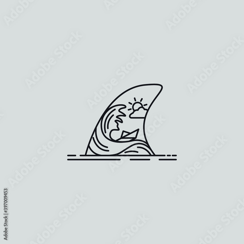 mono line art vector of sunny ocean waves with a paper boat inside shark fin. shark fin illustration.