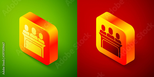 Isometric Jurors icon isolated on green and red background. Square button. Vector.
