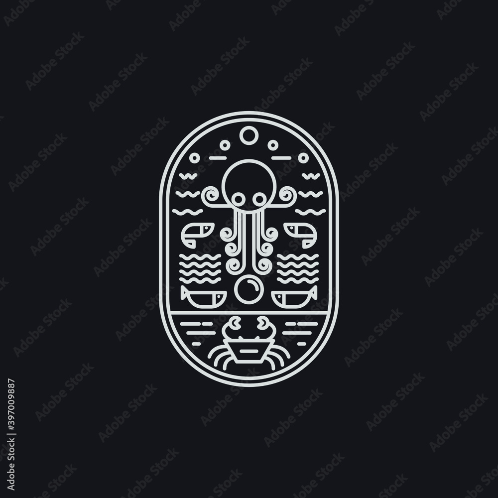 mono line art vector of octopus fish and crab or ocean ecosystem in illustration. mono line art vector of octopus fish and crab or ocean ecosystem in illustration.