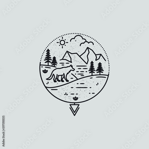 mono line art vector of wolf near river in the forest and mountain view illustration.