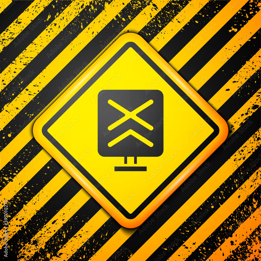 Black Railroad crossing icon isolated on yellow background. Railway sign. Warning sign. Vector. Black Railroad crossing icon isolated on yellow background. Railway sign. Warning sign. Vector.