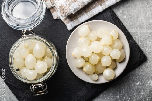 Canvas Print Pickled mini baby onions in jar
