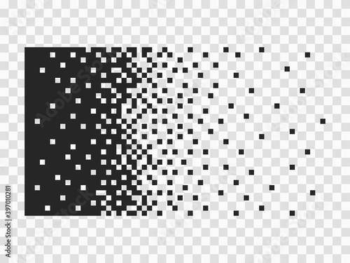 Pixel, squares, black. Line, horizontal bar halftone, random, small rectangles, banner. Vector design element, on an isolated transparent background.