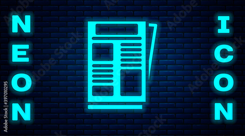 Glowing neon News icon isolated on brick wall background. Newspaper sign. Mass media symbol. Vector.