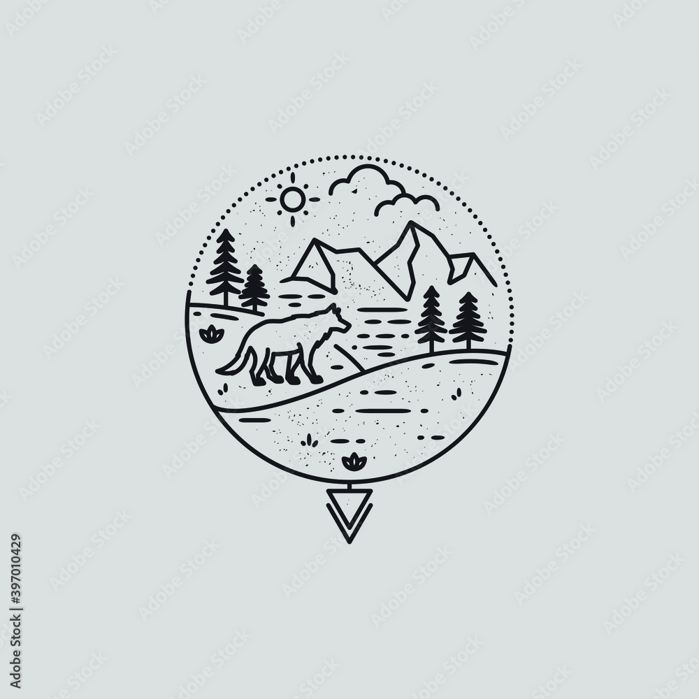 mono line art vector of wolf near river in the forest and mountain view illustration.