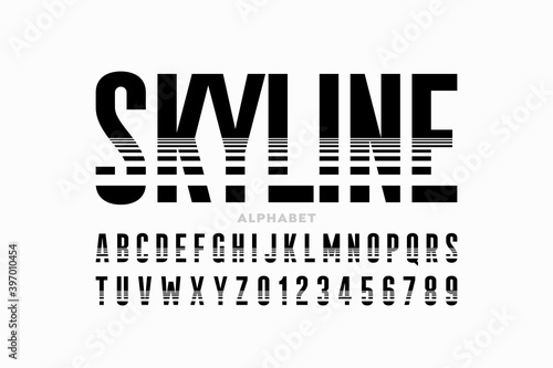 Horizon line style condensed font, alphabet letters and numbers