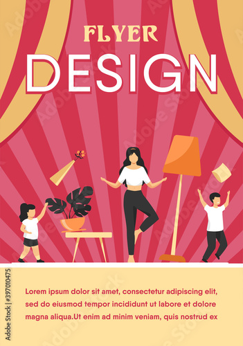 Mother standing calm in the middle of room flat vector illustration. Mischievous and naughty children making chaos. Parenting and behavior concept.