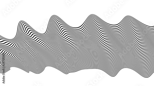 Optical art. Waves twisted from stripes, abstract, 3D. Monochrome black lines in perspective. Poster. Banner. Vector illustration background.