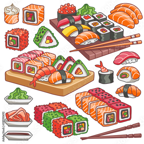 Japanese sushi and rolls set. Cartoon vector food illustration isolated on white background for asian restaurant menu.