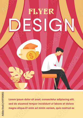 Depressed sad man thinking over financial problems and debts. Businessman broke, needing money, having unpaid loan. Vector illustration for bankruptcy, loss, crisis, trouble concept
