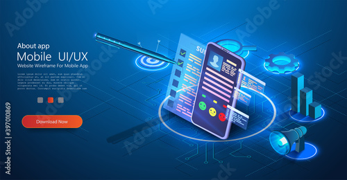 Test customer Survey form. Stylus pen put mark on digital document checklist at tablet screen. Mobile phone with a survey sheet on a blue background Isometric landing page template. Vector