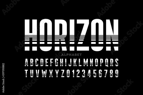 Horizon line style condensed font, alphabet letters and numbers