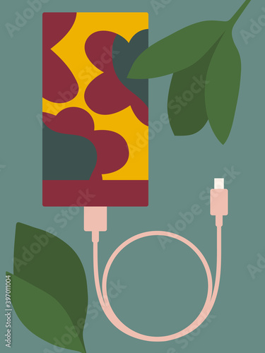 Portable power station / mobile device charger with USB cable. Flat vector illustration.