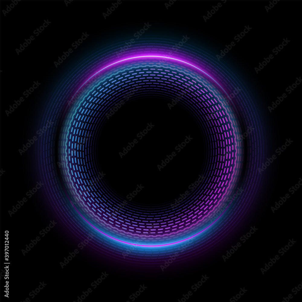 Abstract Neon Circles Banner. Blank 3d Light With Shining Neon Effect. Techno Frame With Glowing On Black Backdrop. Vector illustration.