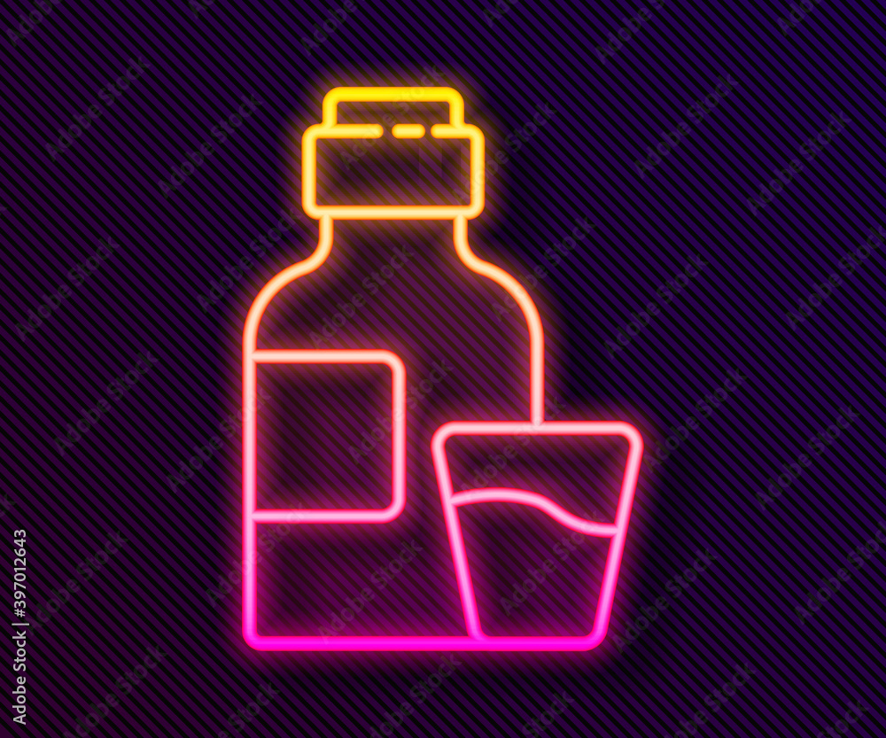 Glowing neon line Bottle of medicine syrup and dose measuring cup solid icon isolated on black background. Vector Illustration. Glowing neon line Bottle of medicine syrup and dose measuring cup solid icon isolated on black background. Vector Illustration.