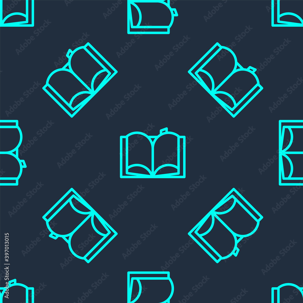 Green line Open book icon isolated seamless pattern on blue background. Vector Illustration. Green line Open book icon isolated seamless pattern on blue background. Vector Illustration.