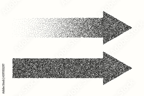 Arrows, monochrome of small dissolving points, noise gradient. Pixel. Stipple. Vector.