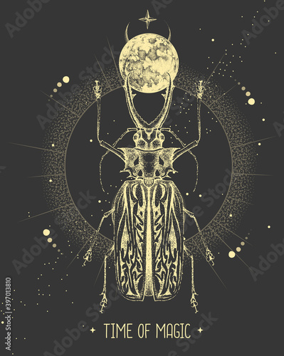 Modern magic witchcraft card with moon and Sabertooth Longhorn beetle. Hand drawing occult vector illustration