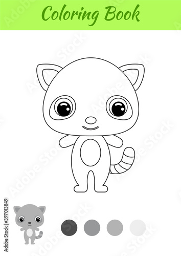 Coloring book little baby raccoon. Coloring page for kids. Educational activity for preschool years kids and toddlers with cute animal. Black and white vector stock illustration.