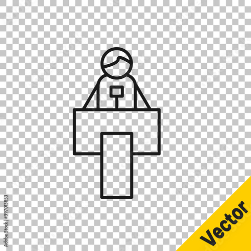 Black line Stage stand or debate podium rostrum icon isolated on transparent background. Conference speech tribune. Vector.