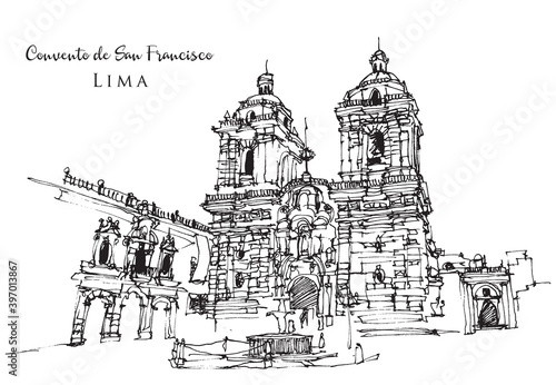 Drawing sketch illustration of Convento de San Francisco in Lima, Peru