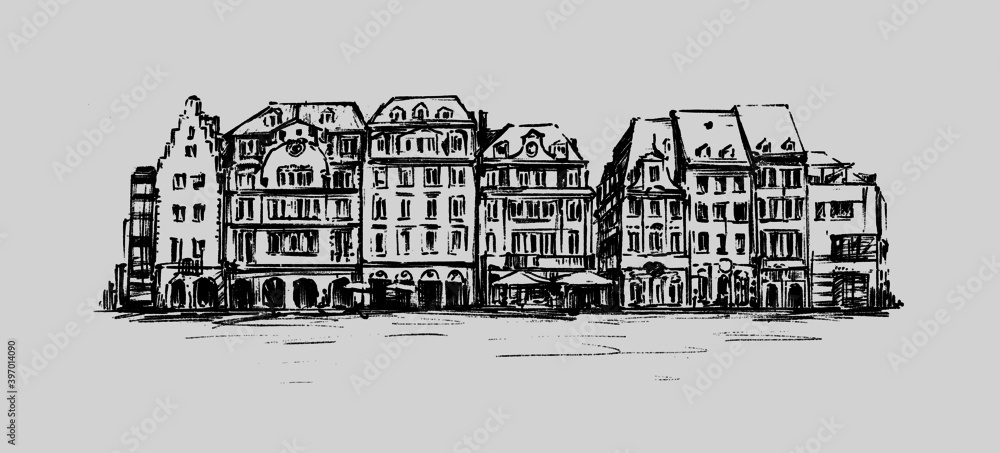 sketch of the old building in europe hand draw