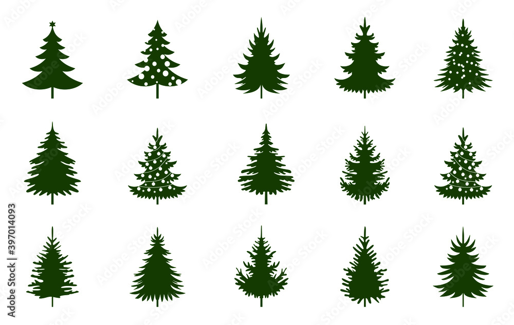 Set green Christmas Trees. Vector pattern and Illustration.