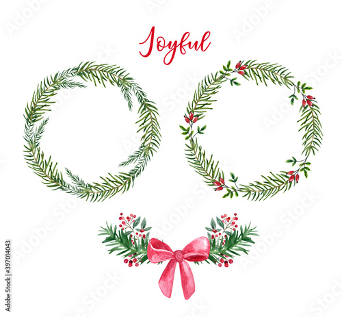 Holiday Christmas wreaths set. Watercolor winter decorative wreath with green...