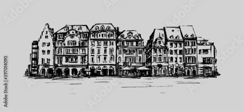 sketch of the old building in europe hand draw