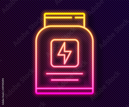 Glowing neon line Sports nutrition bodybuilding proteine power drink and food icon isolated on black background. Vector.