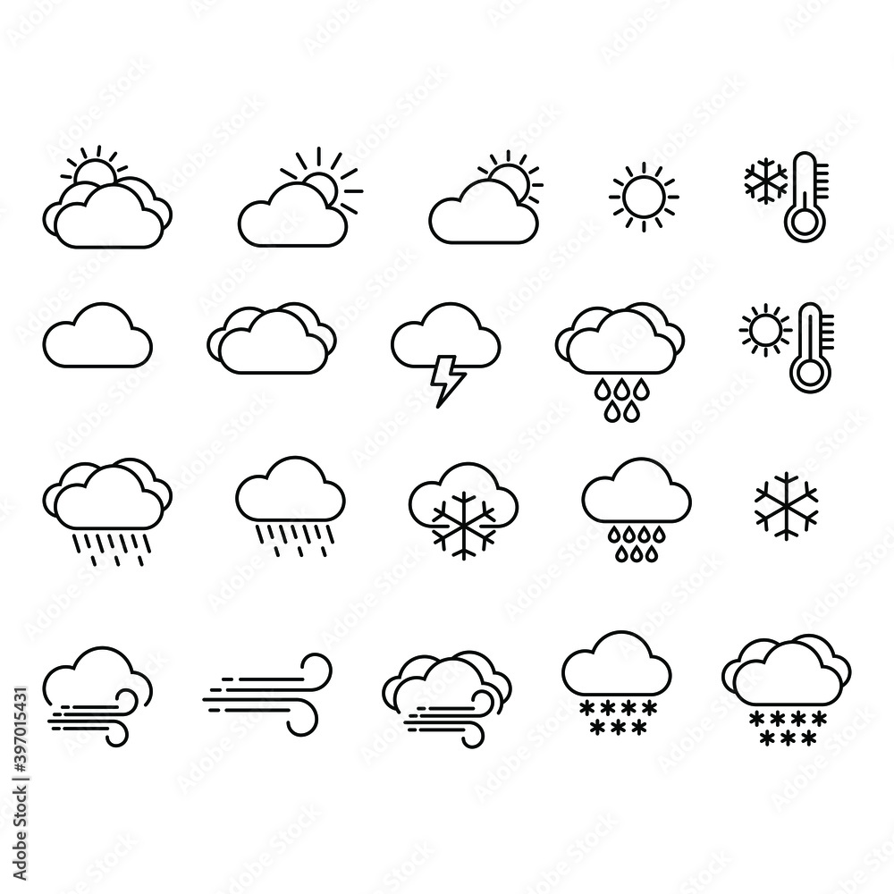 Weather icons. Contains symbols of the sun, clouds, snowflakes, wind. Weather icons. Contains symbols of the sun, clouds, snowflakes, wind.