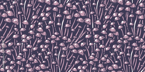 Colored seamless pattern wallpaper. Vector illustration of enoki. Autumn mushroom picking for vegan food and cooking design