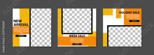 Set of Editable Social media post templates. Black and yellow background color with stripe line shape. fashion advertising. Offer social media banners. vector photo frame mockup illustration