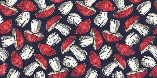 Colored seamless pattern wallpaper. Vector illustration of boletus. Autumn mushroom picking for vegan food and cooking design