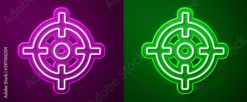 Glowing neon line Target sport icon isolated on purple and green background. Clean target with numbers for shooting range or shooting. Vector.