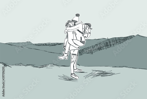 Vector illustration of a loving couple kissing at the top of a hill - Romantic travelers climbing mountains