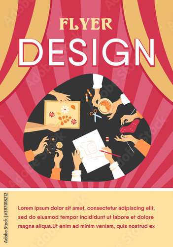 Creative handmade workshop flat vector illustration. Children making creative embroidery, scrapbooking and knitting. DIY, craft and craftwork concept.