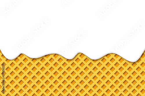 cream, melted ice cream on waffle background. sweet cream flowing down on ice cream cone. glaze or caramel dripping on wafer texture backdrop. Vector illustration. banner with melting white chocolate