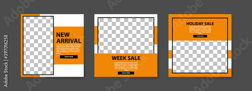 Set of Editable Social media post templates. Black and yellow background color with stripe line shape. fashion advertising. Offer social media banners. vector photo frame mockup illustration