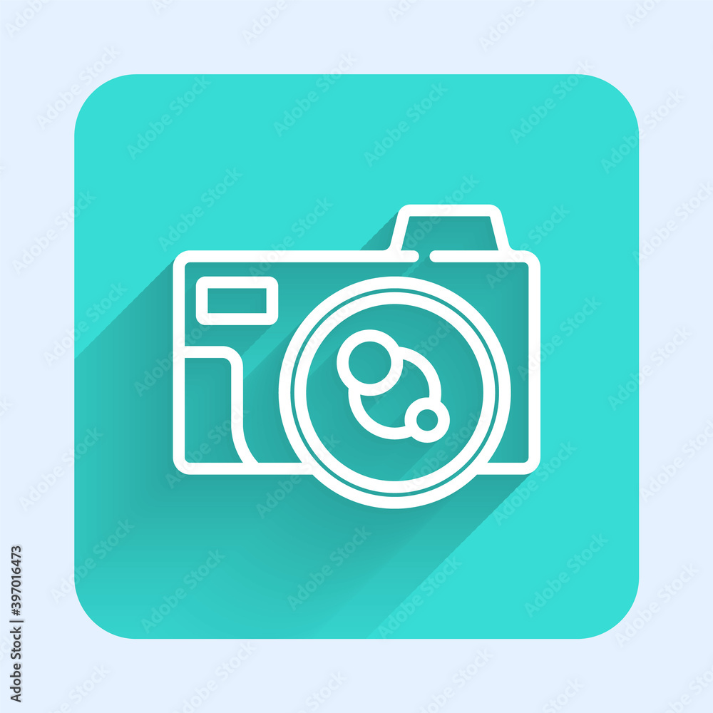 White line Photo camera icon isolated with long shadow. Foto camera icon. Green square button. Vector. White line Photo camera icon isolated with long shadow. Foto camera icon. Green square button. Vector.